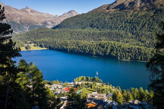 Sailing on St Moritz lake, view above Engadine alps, Graubunden , Switzerland