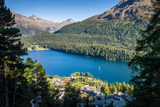 Sailing on St Moritz lake, view above Engadine alps, Graubunden , Switzerland