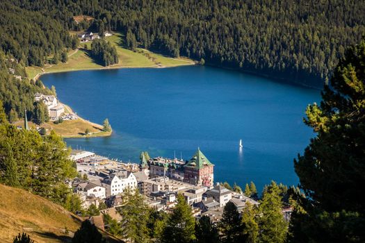 Sailing on St Moritz lake, view above Engadine alps, Graubunden , Switzerland