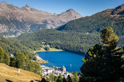 Sailing on St Moritz lake, view above Engadine alps, Graubunden , Switzerland