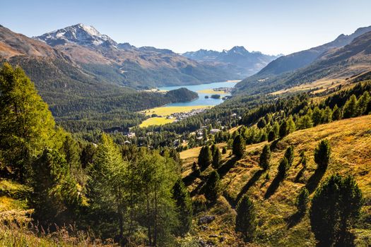 Panoramic view of Silvaplana, Sils and Maloja from Upper Engadine, Graubunden, Switzerland