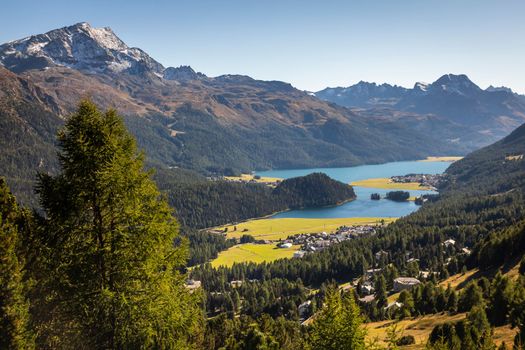 Panoramic view of Silvaplana, Sils and Maloja from Upper Engadine, Graubunden, Switzerland