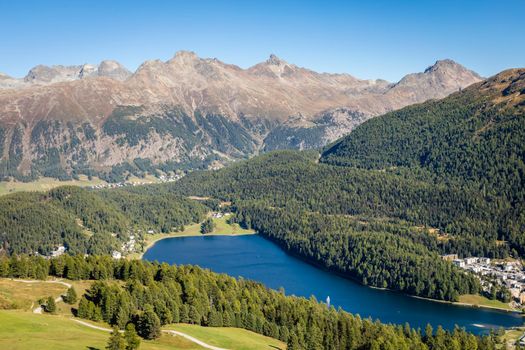 Sailing on St Moritz lake, view above Engadine alps, Graubunden , Switzerland