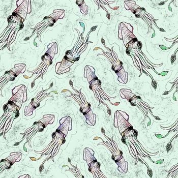 Squid Animal Sea Life Seamless Pattern On Wave Background With Bubble, Octopus Background Wallpaper