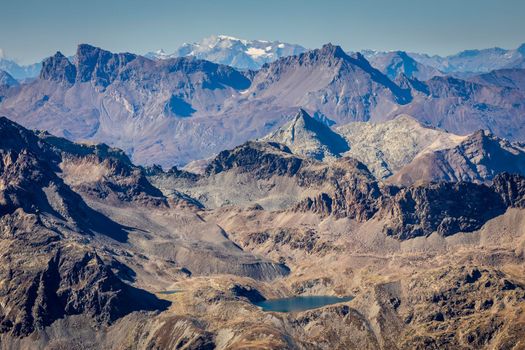 Bernina and Palu mountain range with lake in the Swiss Alps, Engadine, Switzerland