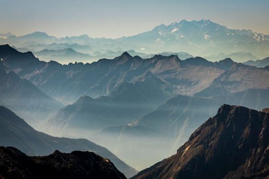 Panoramic view of Dramatic landscape, swiss alps in upper Engadine, Graubunden, Switzerland