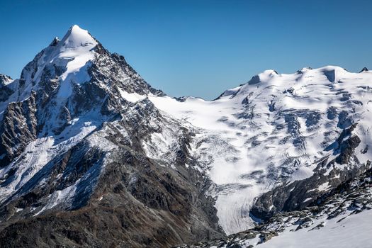 Bernina and Palu mountain range with glaciers in the Swiss Alps, Engadine, Switzerland