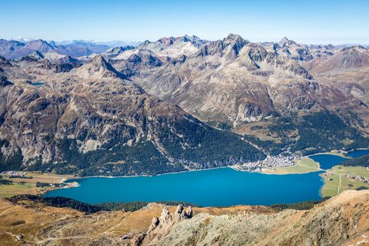 Above Silvaplana lake , Sils and Maloja from Piz Corvatsch, Upper Engadine, Graubunden, Switzerland