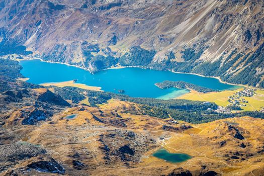 Above Silvaplana lake , Sils and Maloja from Piz Corvatsch, Upper Engadine, Graubunden, Switzerland