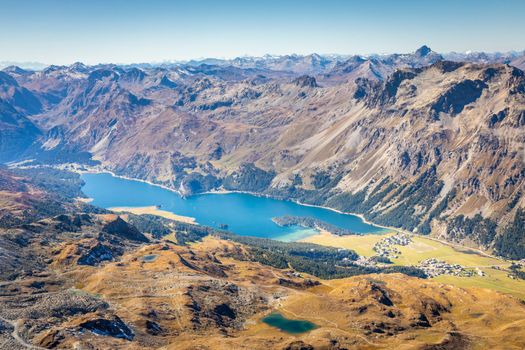 Above Silvaplana lake , Sils and Maloja from Piz Corvatsch, Upper Engadine, Graubunden, Switzerland