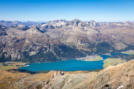 Above Silvaplana lake , Sils and Maloja from Piz Corvatsch, Upper Engadine, Graubunden, Switzerland