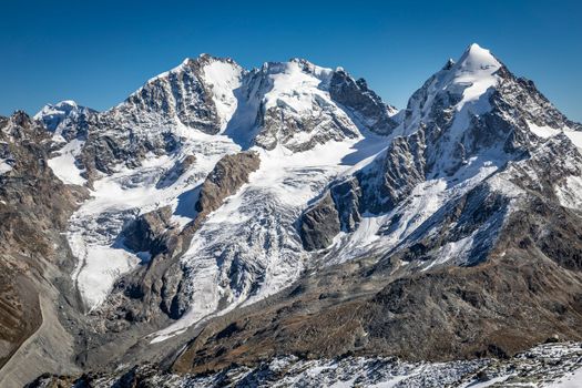 Bernina and Palu mountain range with glaciers in the Swiss Alps, Engadine, Switzerland