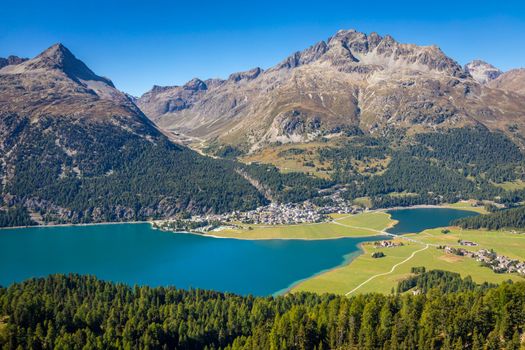 Above Silvaplana lake , Sils and Maloja from Piz Corvatsch, Upper Engadine, Graubunden, Switzerland