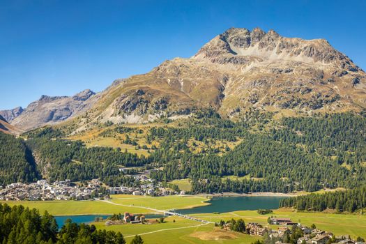 Above Silvaplana lake , Sils and Maloja from Piz Corvatsch, Upper Engadine, Graubunden, Switzerland
