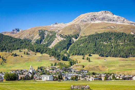 Above Celerina cityscape from Muottas Muragl in Swiss Alps, Engadine, Switzerland