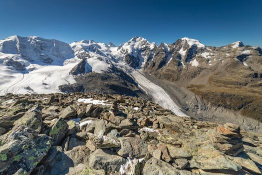 Bernina and Palu mountain range with glaciers in the Swiss Alps, Engadine, Switzerland