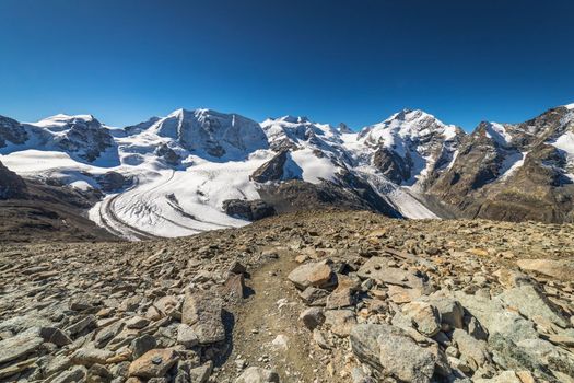 Bernina and Palu mountain range with glaciers in the Swiss Alps, Engadine, Switzerland