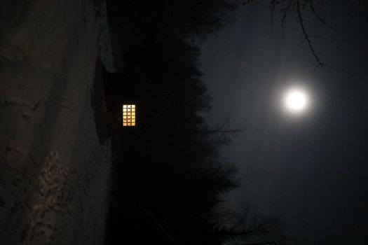 Old house in the forest at night. Old mystic building in night tree forest with moon