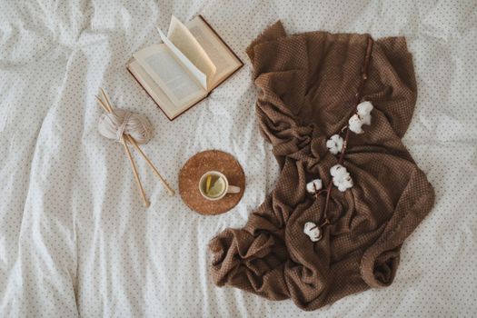Cozy winter background with a book, tea cup and knitting needles in warm soft bed top view