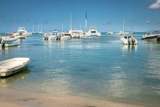 Boats on the beach harbor in beach in caribbean Saona Island, Punta Cana, Dominican Republic