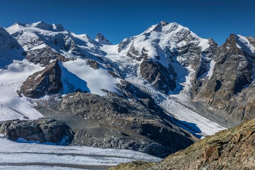 Bernina and Palu mountain range with glaciers in the Swiss Alps, Engadine, Switzerland
