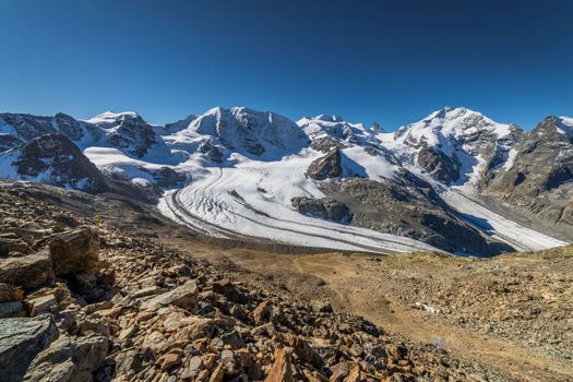 Bernina and Palu mountain range with glaciers in the Swiss Alps, Engadine, Switzerland