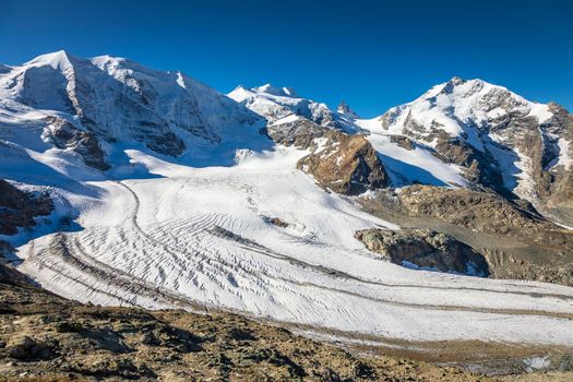 Bernina and Palu mountain range with glaciers in the Swiss Alps, Engadine, Switzerland