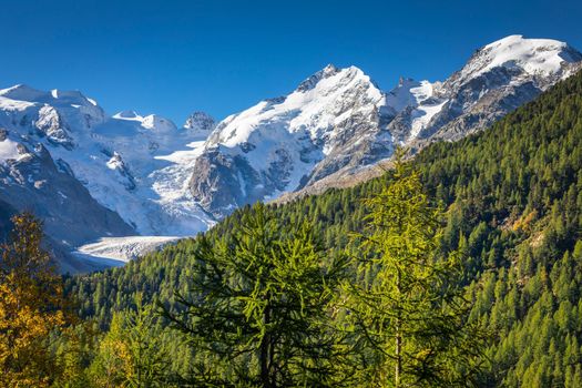 Bernina and Palu mountain range with glaciers in the Swiss Alps, Engadine, Switzerland