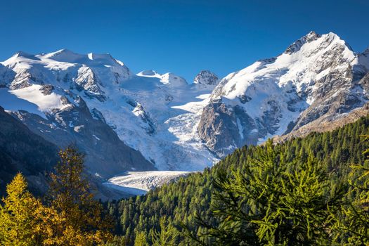 Bernina and Palu mountain range with glaciers in the Swiss Alps, Engadine, Switzerland