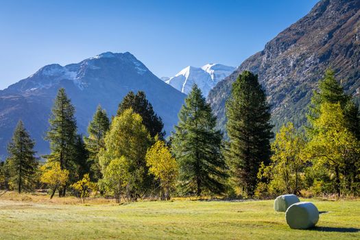 Panoramic view of Dramatic landscape, swiss alps in upper Engadine, Graubunden, Switzerland