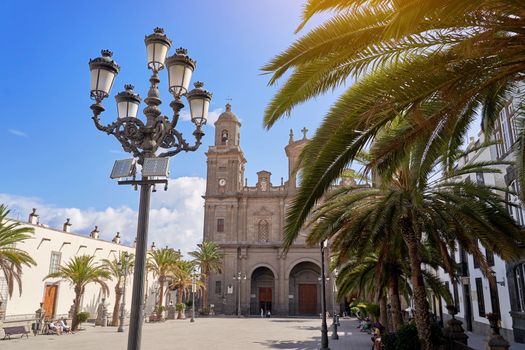 Street lantern in front of the Cathedral of Santa Ana, a Roman Catholic church located in Las Palmas, Canary Islands