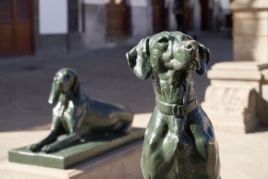 Las Palmas de Gran Canaria, Spain - September 18, 2022: Iron canarian dogs statues on Plaza Santa Ana, modelled after the Canarian hounds that were originally on the island when the Spanish settled.