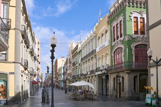 Las Palmas de Gran Canaria, Spain - September 18, 2022: Old buildings at the main shopping street Calle Triana