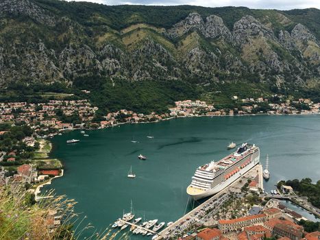 Views overlooking the city streets and waterfront of Kotor Montenegro in a european summer. High quality photo