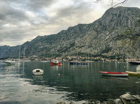 Views overlooking the city streets and waterfront of Kotor Montenegro in a european summer. High quality photo