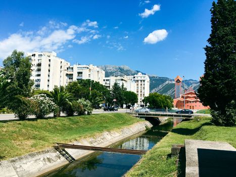 Budvha Dubrovnik public park views over the city and mountainous backdrop . High quality photo