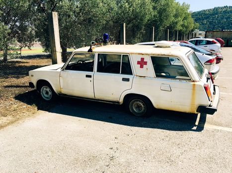 Old classic soviet style ambulances historic first aid vehicle. High quality photo