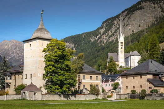 Idyllic landscape of Zernez village at sunrise, Engadine, Swiss Alps, Switzerland