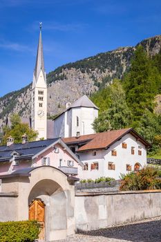 Idyllic landscape of Zernez village at sunrise, Engadine, Swiss Alps, Switzerland