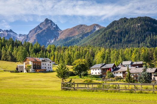 Idyllic landscape of Scuol Tarasp village at sunrise, Engadine, Swiss Alps, Switzerland