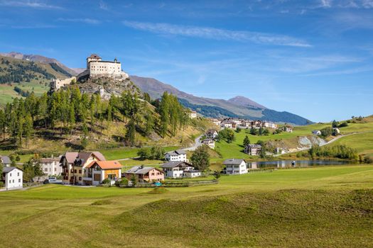 Idyllic landscape of Scuol Tarasp village at sunrise, Engadine, Swiss Alps, Switzerland