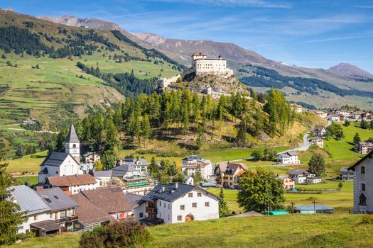 Idyllic landscape of Scuol Tarasp village at sunrise, Engadine, Swiss Alps, Switzerland
