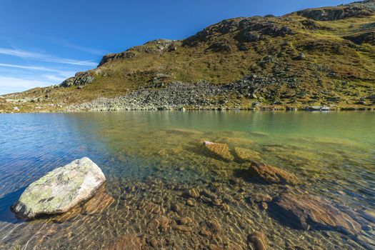Alpine Lake at Fluela Pass in Graubunden swiss alps, Grisons, Switzerland