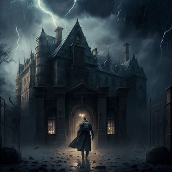 A man walking to a mysterious old castle on a stormy night. High quality illustration