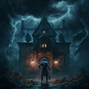 A man walking to a mysterious old castle on a stormy night. High quality illustration