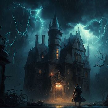 A man walking to a mysterious old castle on a stormy night. High quality illustration