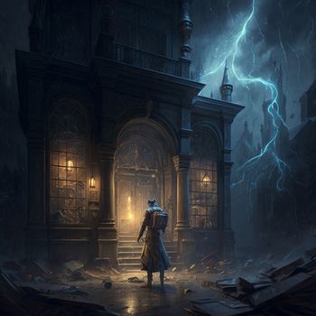 A man walking to a mysterious old castle on a stormy night. High quality illustration