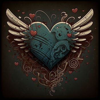 Cartoon graphic drawing of a singing heart with wings