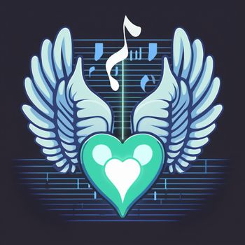 Cartoon graphic drawing of a singing heart with wings