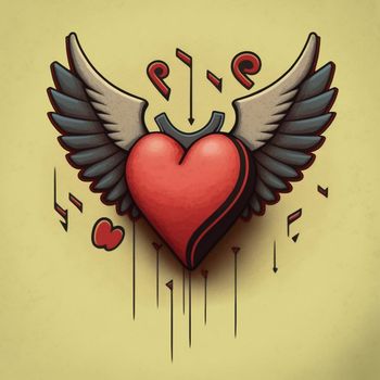 Cartoon graphic drawing of a singing heart with wings